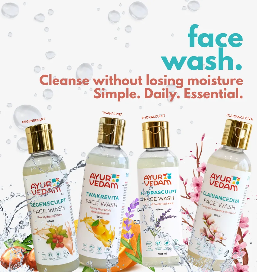 Promotional mobile banner for Ayurvedam face wash range showcasing Regensculpt, Twakrevita, Hydrasculpt, and Clariance Diva variants that ranges from hydrating and balancing cleansers with gold-capped bottles and fresh ingredients