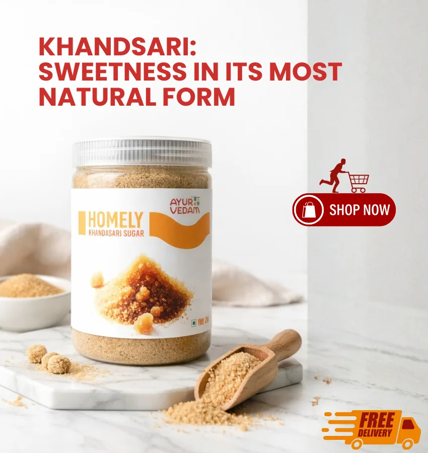 Ayurvedam Homely Khandsari Sugar natural sweetener in a 500g jar with a wooden scoop on a marble surface.