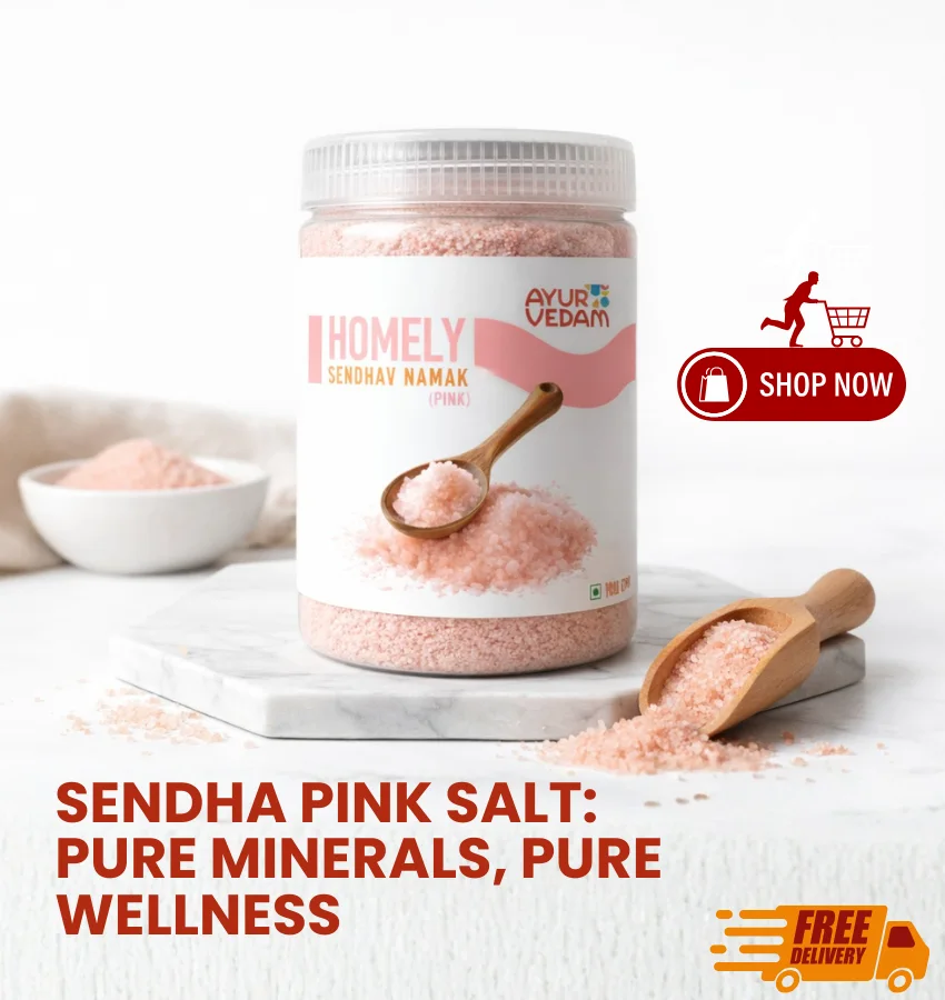 Ayurvedam Homely Sendha Pink Salt pure mineral Himalayan salt in a jar for health and wellness.