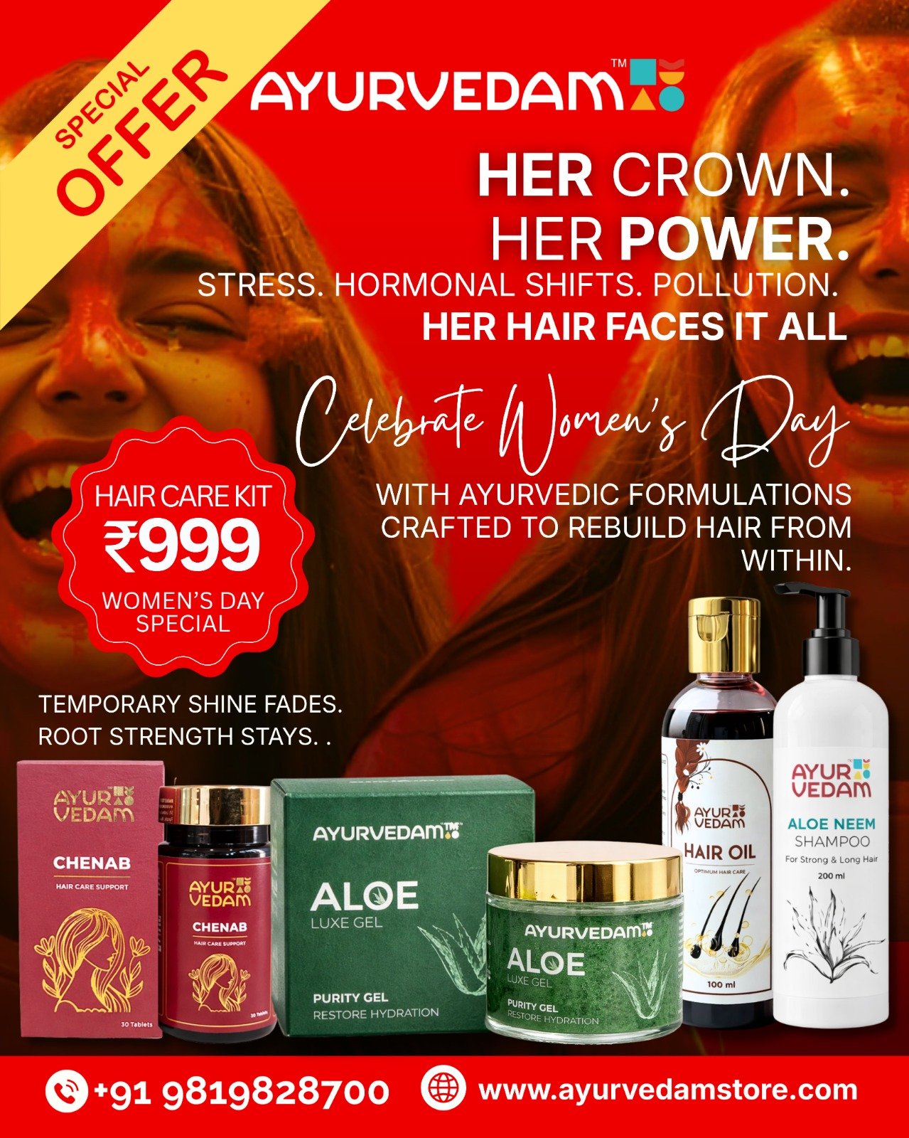 Ayurvedam Women’s Day special hair care offer banner featuring hair oil, aloe luxe gel, Chenab tablets, and aloe neem shampoo priced at ₹999 with tagline “Her Crown. Her Power.” promoting Ayurvedic formulations for hair strength and hormonal balance.